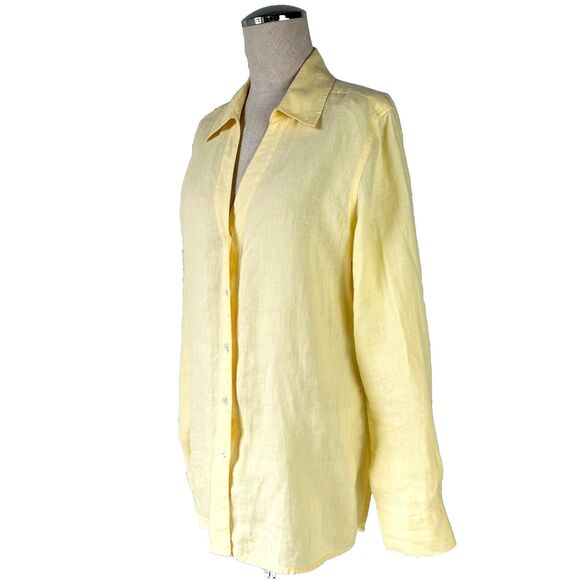 Talbots Pure Irish Linen Yellow Collared V Neck Long Sleeve Blouse - Women's 14 - Picture 1 of 12